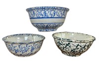 (3) Antique Primitive Sponge Ware Pottery Bowls
