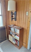 Wood Bookcase, Books, 2 Wall Sconce Lamps