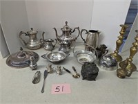 Lot of Plated Serving Pieces & Brass Candle Sticks