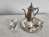 Silver plate- tea set, tray, butter dish with