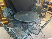 Wrought Iron Patio Table, 4 chairs, umbrella stand