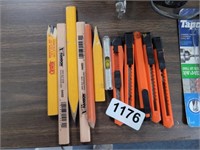 LOT OF BOX CUTTERS AND PENCILS