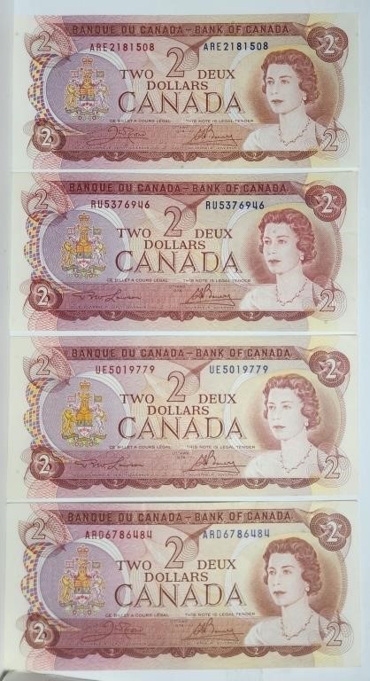 Canada 1974 $2 Lot of 4 Banknotes