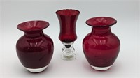 RED GLASS VASES AND CANDLE HOLDER