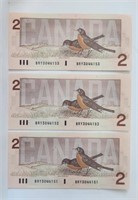 Canada $2 1986 3 Consecutive Serial Numbers