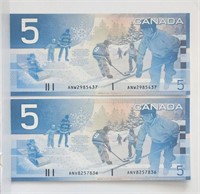 2002 $5 Canada No Magnetic Strip Consecutives