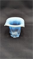 DUNCAN MILLER GLASS BLUE OPALESCENT RIBBED HAT VAS