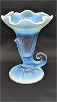 DUNCAN MILLER GLASS BLUE OPALESCENT RIBBED VASE  H