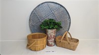 WICKER BASKETS, TIN VASE AND FAUX PLANTS