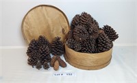 ASSORTED PINE CONES AND VINTAGE WOODEN ROUND STOR