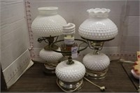 THREE HOBNAIL LAMPS (ONE MISSING SHADE)