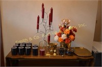 CANDLES, CANDLE HOLDERS, BRASS PLATTER, MISC.