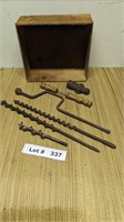 VINTAGE DRILL BITS, TOOLS AND WOOD BOX