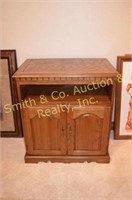 END TABLE W/ SLIDING TRAY, CABINET & SWIVELING TOP