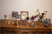 CANDLE HOLDERS, VASE OF FLOWERS, TISSUE BOX COVER
