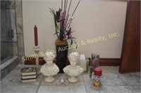 SOAP DISHES, CANDLE, VASE OF FLOWERS,