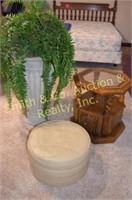 SMALL END TABLE, VASE W/ GREENERY, FOOT STOOL