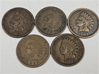 5 Indian Head Penny Coins See Dates