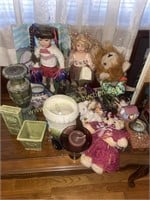 Group of pottery, dolls and decor