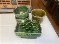 Group of vintage, green, pottery, platters, and