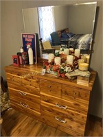 Vintage cedar dresser and mirror-contents not