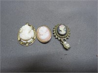 Lot of 3 Small Cameo Brooches Pendants