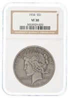 1934 Peace Dollar – NGC Graded VF-30 & Slabbed