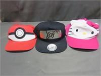 Lot of 3 Pop Culture Hats Pokemon Naruto Kitty