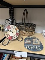 HOME DECOR- CLOCK, COFFEE SIGN AND BASKET