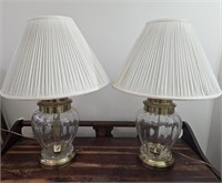 2 Matching Clear Glass & Brass Table Lamps