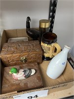 WOOD BOX, DUCK BOX W/ PLAYING CARDS AND MORE
