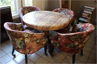 Vtg Pedestal Table w/ Floral Barrel Back Chairs