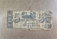 The Republic Texas Be for Baker Five Dollar Bill