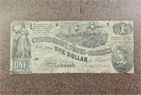1862 One Dollar Confederate Note Bill