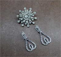 Vintage White Faux Diamond Broach & Clip Earrings