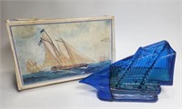 Blue Glass Sailboat Decanter After Shave AVON w/Bx