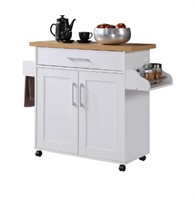 White Kitchen Island with Spice Rack and Towel