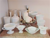 Milk Glass, Candles, Decorative Rocks