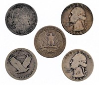 5 Silver Quarters: 1909 Barber, Unreadable
