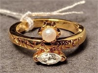 Crystal Faux Pearl Ring Gold Tone