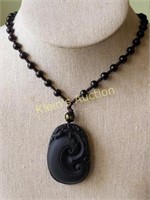 natural black obsidian hand carved oval pixiu nekl