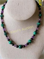 gemstone necklace malachite, amethyst, obsidian