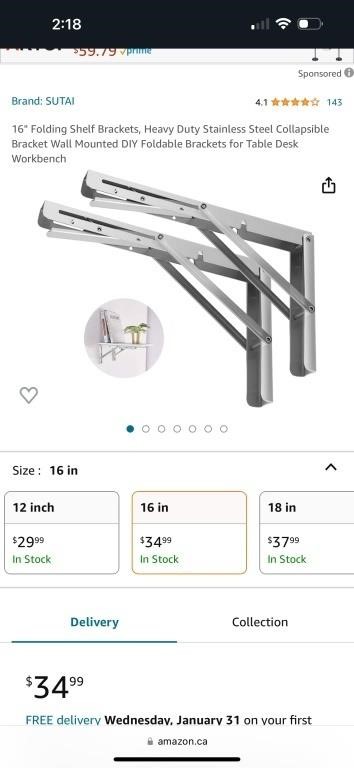 16" Folding Shelf Brackets, Heavy Duty Stainless