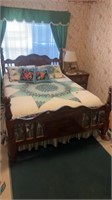 Wooden full sized bed and bedding