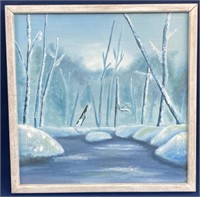 Winter scene on canvas, Artist signed, 17”x17”