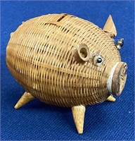 Small Wicker Pig Coin Bank, 4”x 2 1/2”x 3 1/4”