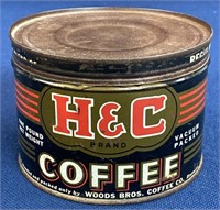 Vintage H & C Coffee can, has wear and rust, 5”x