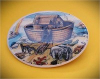 UNIQUE VINTAGE OVAL NOAH'S ARK PORCELAIN BROOCH