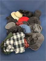 Assorted lot of ladies hats and a couple scarves,
