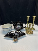 Oriental TeaPot Plate & Brass Candlesticks